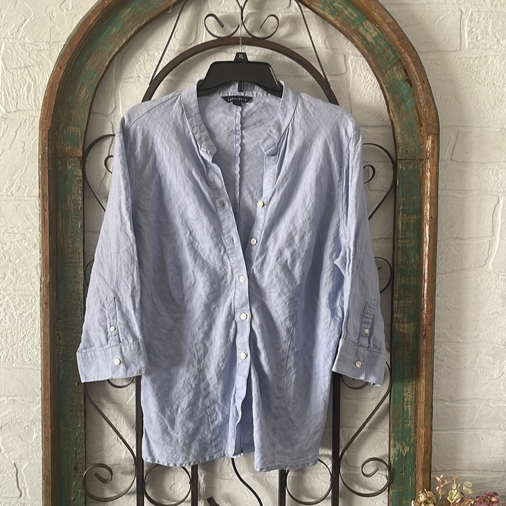 Lands' End Linen Top Womens 18 Blue Tunic Lace 3/4 Sleeve Lightweight Shirt